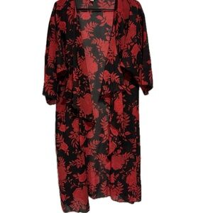 Black and Red Floral Kimono Robe Duster Cover-up